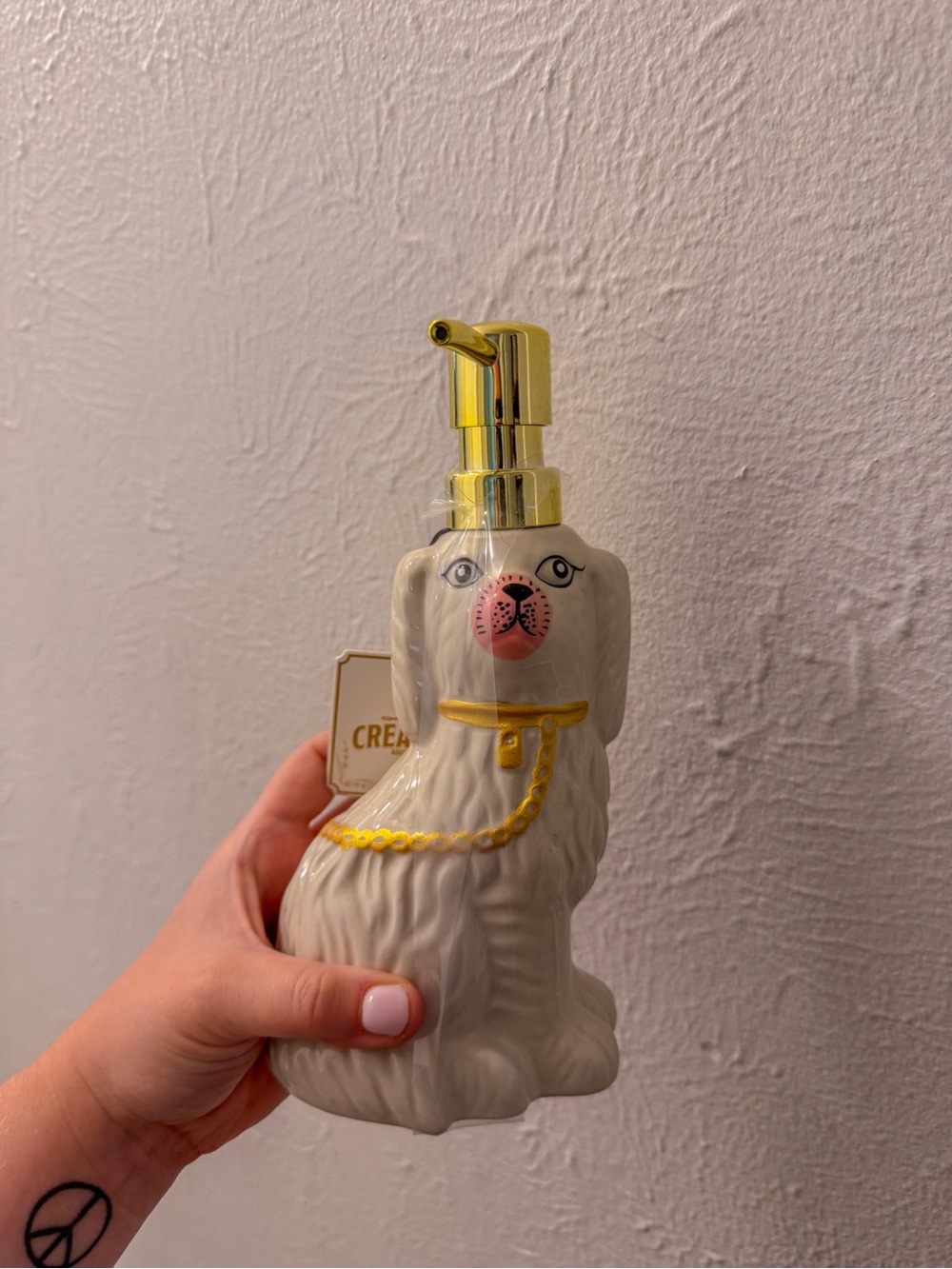 Staffordshire Chinoiserie Staffy Ceramic White Dog Soap Dispenser with Gold Pump